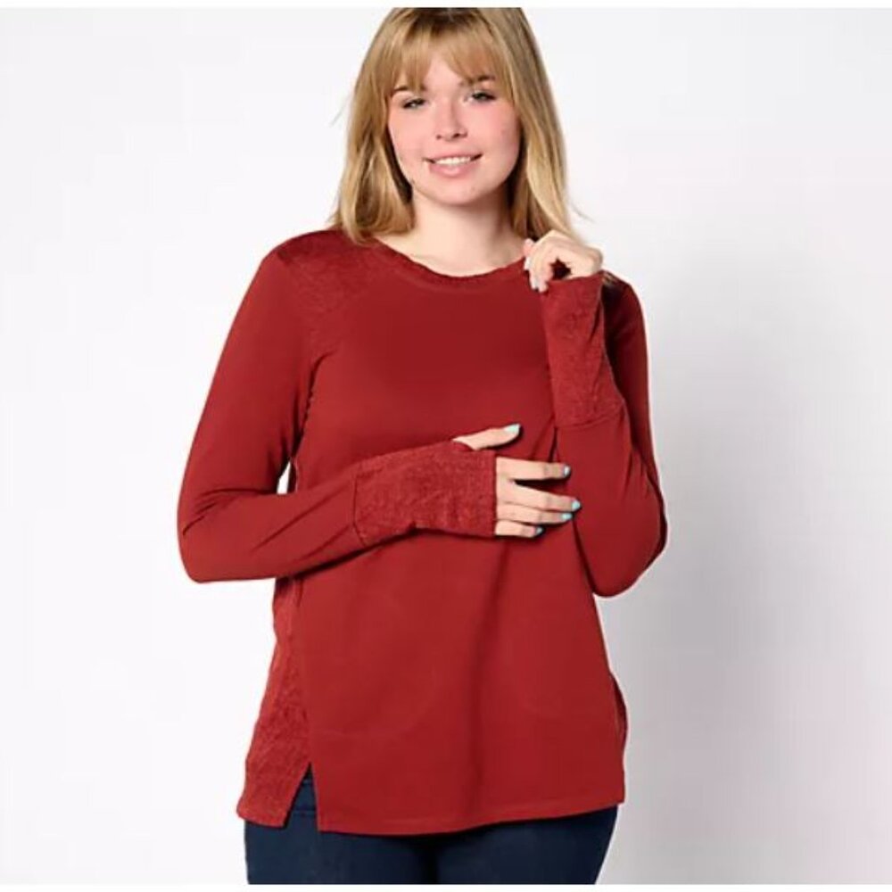LOGO Life by Lori Goldstein French Terry Mixed Knit Top Sz. 1X, Fired Brick